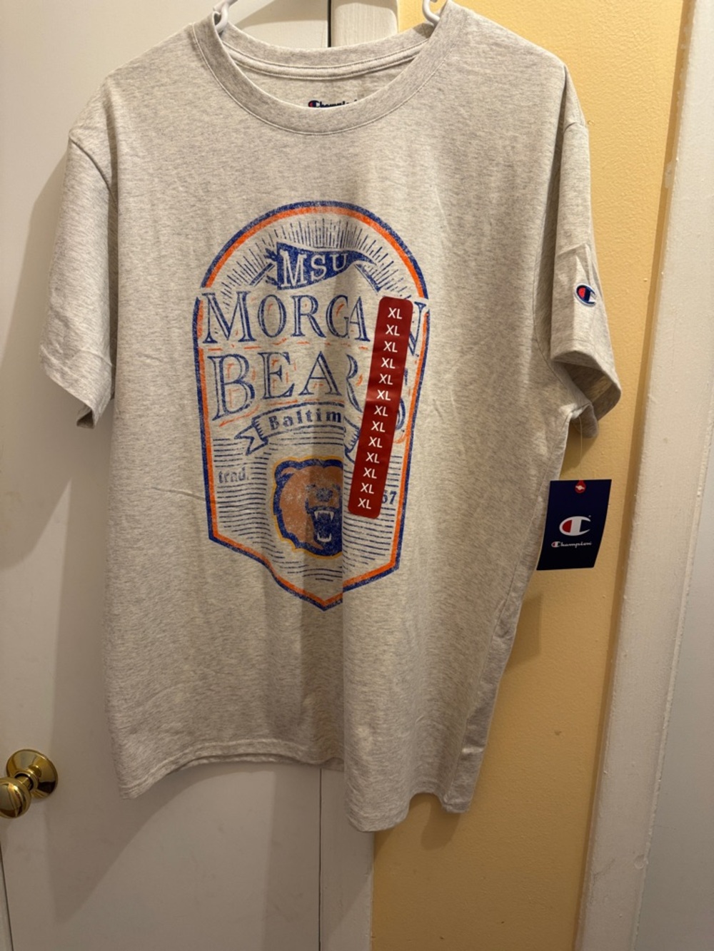 Champion Light Gray Morgan Bear Graphic Tee with Blue & Orange Print